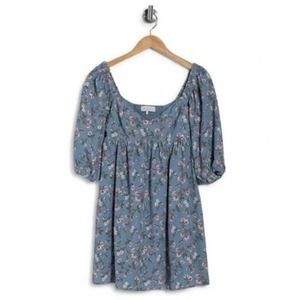 WAYF Dusty Blue Allover Floral Puff Sleeve Babydoll Dress NWT Size XS